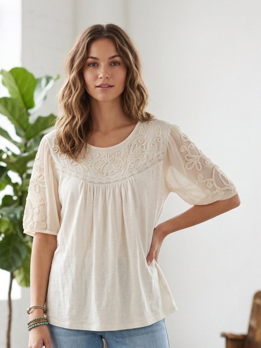 Anthropologie Cream Embroidered Puff-Sleeve Blouse XL Fairycore Cottagecore